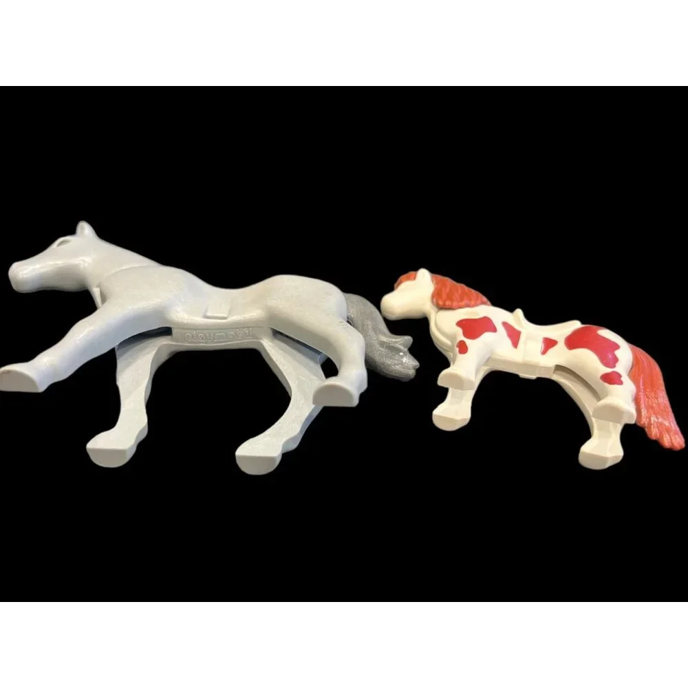2000s‎ Playmobil Lot of 2 Horses, Brown & White Shetland Pony & Gray Adult Horse